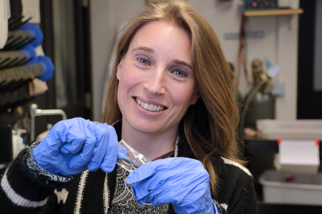 MIT Associate Professor Krystyn Van Vliet holds a rubbery, transparent polymer made of polydimethylsiloxane (PDMS) that is used to grow stem cells and other cell types in the Laboratory for Material Chemomechanics. Van Vliet's group has shown that mechanical deformation of materials to which stem cells and other cell types attach can modify key cell functions such as proliferation and differentiation. Photo: Denis Paiste/Materials Processing Center